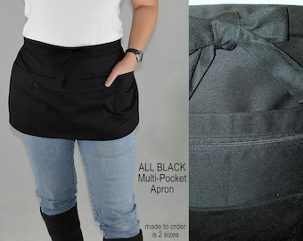 All Black Multi-Pocket Apron (Teacher + Vendor + Gardener + Photographer) Waitress Apron with zipper pocket, 2 sizes