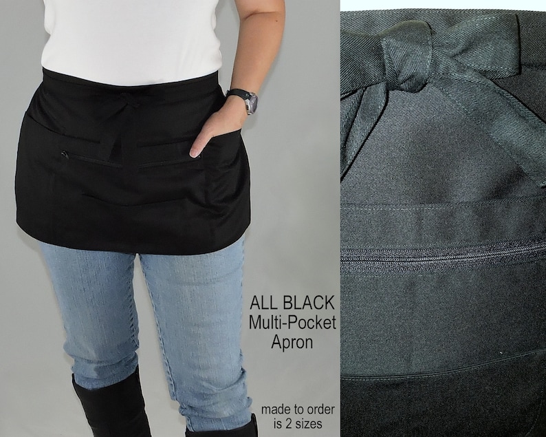 All Black Multi-Pocket Apron Teacher Vendor Gardener Photographer Waitress Apron with zipper pocket, 2 sizes image 1