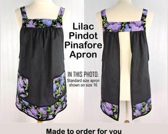 Lilac Pindot Pinafore Apron with no ties, relaxed fit smock with pockets, spring floral apron, handmade by Laurie from size XS to 5X