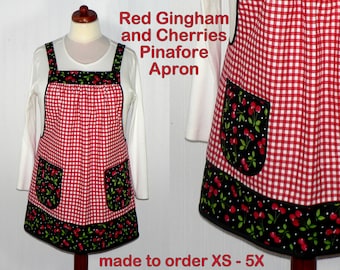XS to 5X Red Gingham and Cherries Pinafore Apron with no ties, relaxed fit smock with pockets, retro kitchen apron, made to order