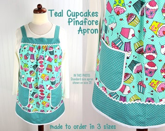 XS to 5X Teal Cupcakes Pinafore Apron with no ties, Relaxed Fit Smock with pockets,  handmade after order