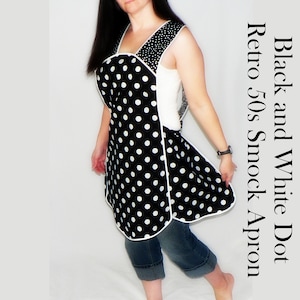 Black and White Polka Dot Retro 50s Smock Apron, relaxed fit "H-back" doesn't touch neck, XS - 4X  w/ pocket options