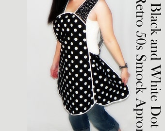 Black and White Polka Dot Retro 50s Smock Apron, relaxed fit "H-back" doesn't touch neck, XS - 4X  w/ pocket options