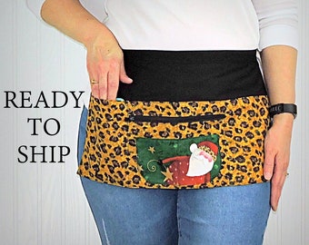 SHIPS FAST Leopard Print Santa Multi-Pocket Teacher Apron, Christmas Vendor Apron with money pocket, ready to ship fits waists up to 40"