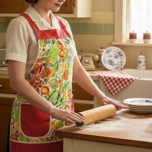 May include: A woman wearing a red and white polka dot apron with a colorful vegetable print. She is using a wooden rolling pin on a wooden countertop dusted with flour. The kitchen has a vintage aesthetic.