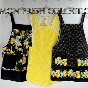 Lemon Fresh Border Print Pinafore Apron with no ties, relaxed fit smock apron made to order XS to 5X, spring & summer retro citrus apron image 10