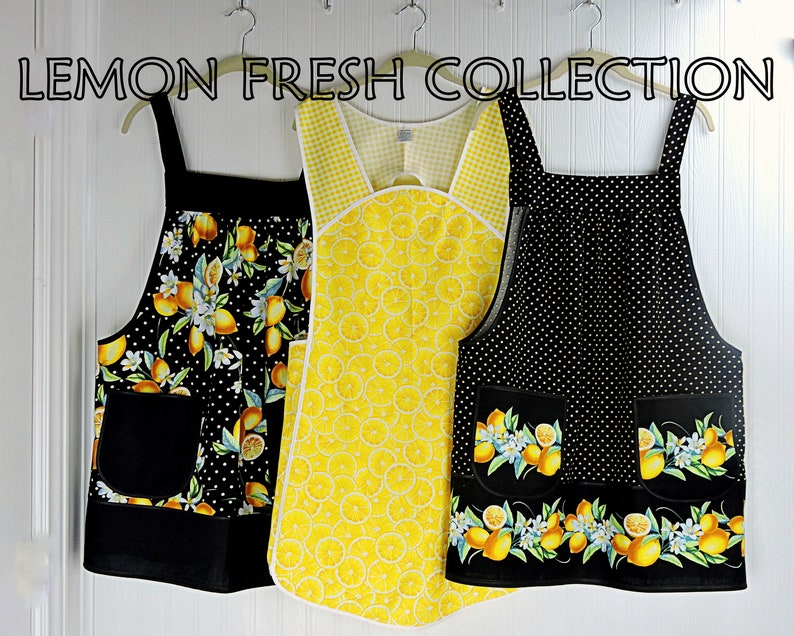 Lemon Fresh Border Print Pinafore Apron with no ties, relaxed fit smock apron made to order XS to 5X, spring & summer retro citrus apron image 10