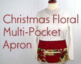 Christmas Floral Multi-Pocket Teacher Apron, Xmas Vendor Apron with money pocket, MADE to ORDER fits waists up to 40"