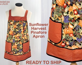 SHIPS FAST Sunflower Harvest Pinafore Apron with no ties, relaxed fit smock with pockets, fall vegetables & fruit, fits L/XL/2X, ships now