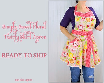 Simply Sweet Twirly Skirt Apron (flirty pin up apron) party hostess apron, ONE SIZE ready to ship