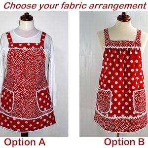 Red Polka Dot Pinafore with no ties (straps go straight over the shoulders) relaxed fit smock apron with pockets,  made to order XS to 5X