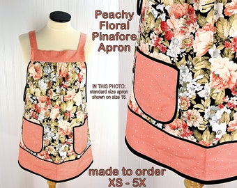 Peachy Floral Pinafore with no ties, relaxed fit smock with pockets, made to order XS to 2X plus size, pretty flower apron LAST ONE