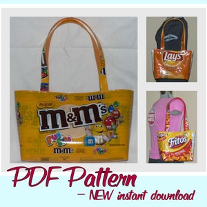 Pode incluir: Um padrão PDF para uma bolsa tote reutilizável feita de embalagens de batatas fritas recicladas. A bolsa é amarela e apresenta uma imagem grande de uma embalagem de M&M's. O padrão está disponível para download instantâneo.