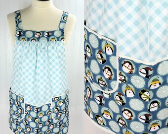 SHIPS FAST Penguin Friends Pinafore with no ties, relaxed fit smock with pockets, cute Christmas Apron, standard size fits L/XL/2X