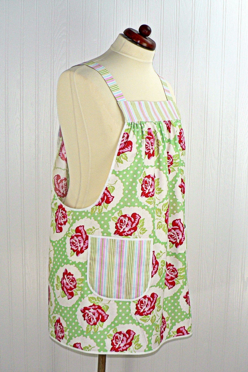 Lulu Roses on Green Pinafore Apron with no ties ready to ship now relaxed fit smock apron with pockets