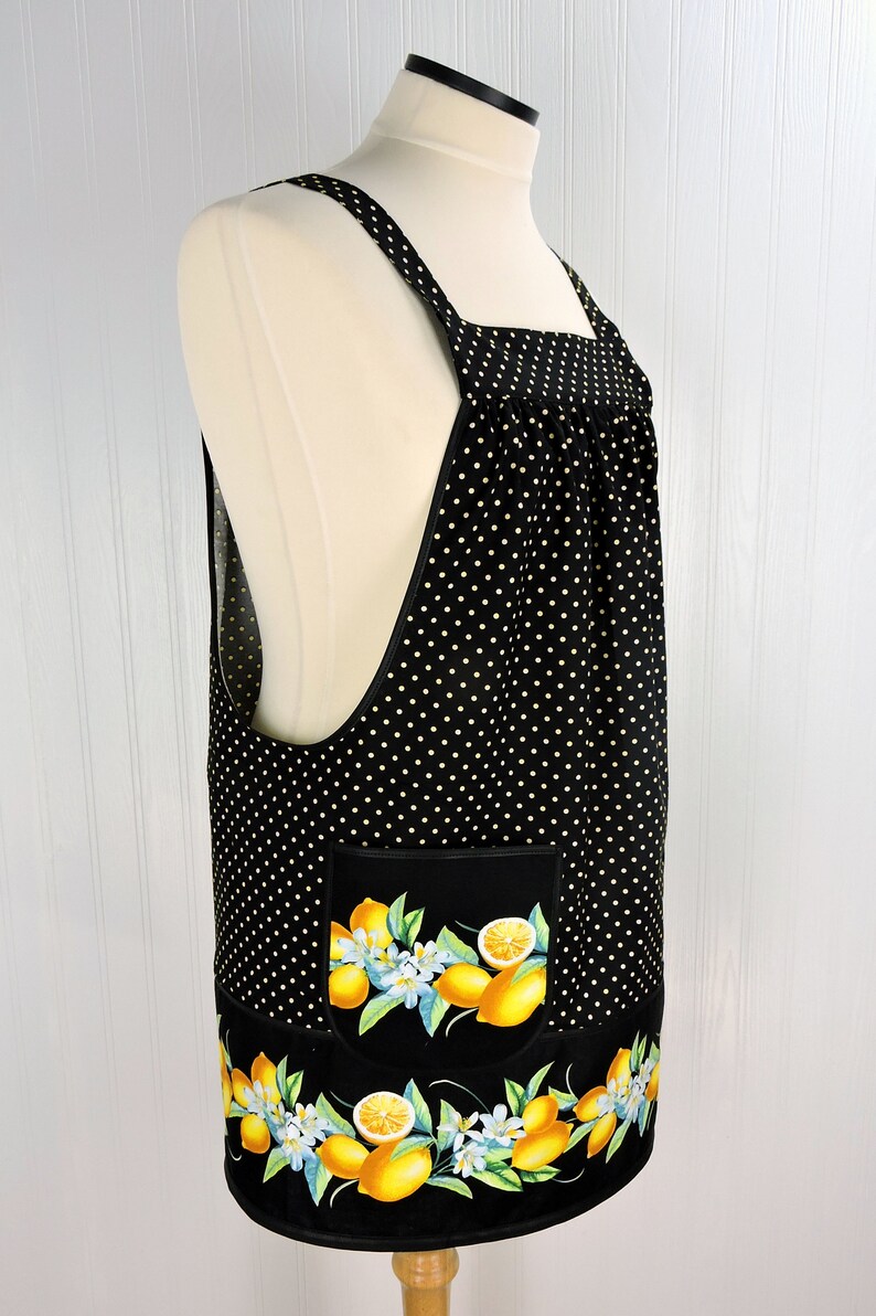 Lemon Fresh Border Print Pinafore Apron with no ties, relaxed fit smock apron made to order XS to 5X, spring & summer retro citrus apron image 6