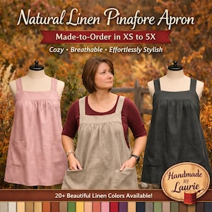 XS - 5X Natural LINEN Pinafore Apron with no ties (straps go straight over shoulders) Washed Linen Relaxed Fit Smock with pockets NEW colors