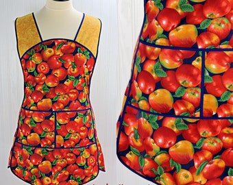 SHIPS FAST Apple Harvest 50s Smock Apron with kangaroo pocket, relaxed fit with no neck ties (H-back apron) fits sizes large or X-large