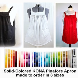 Custom Planned Pinafore Apron with no ties (straps go straight over the shoulders) in solid-colored KONA cotton, relaxed fit smock w/pockets