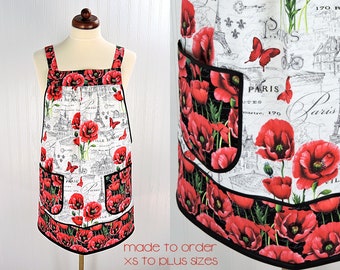 Paris Toile with Poppies Pinafore Apron with no ties (XS- 5X) relaxed fit smock apron with pockets, made after order