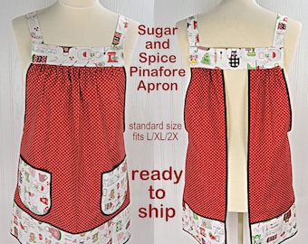 SHIPS FAST Sugar & Spice Pinafore with no ties, relaxed fit smock with pockets, Christmas baking apron fits L/XL/2X, Grandmacore Holiday