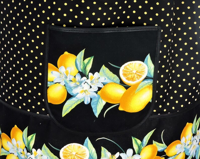 Lemon Fresh Border Print Pinafore Apron with no ties, relaxed fit smock apron made to order XS to 5X, spring & summer retro citrus apron image 7