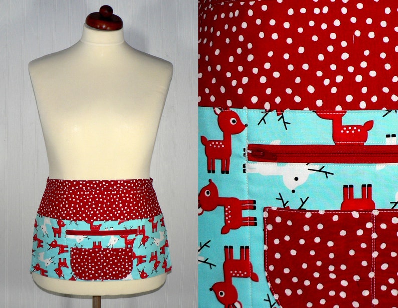 Christmas Vendor Apron with zipper pocket, Jingle Deer 6 pocket apron, Holiday Teacher, Waitress, Daycare Apron image 3