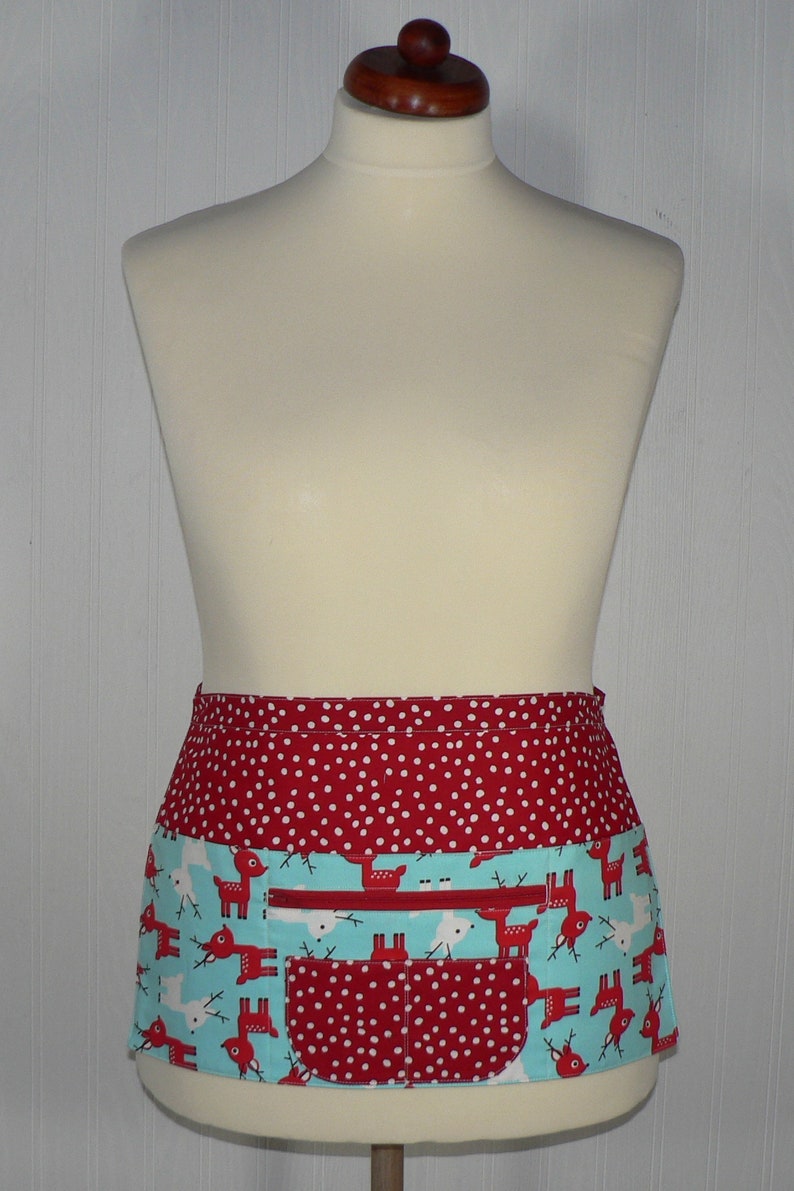 Christmas Vendor Apron with zipper pocket, Jingle Deer 6 pocket apron, Holiday Teacher, Waitress, Daycare Apron image 9