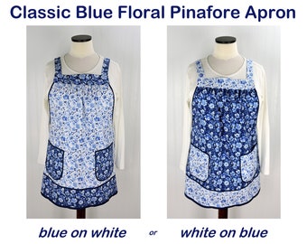 Classic Blue Floral Pinafore Apron with no ties, smock apron with pockets made-to-order XS to 5X, fabric arrangement options