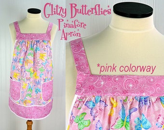 Pink Glitzy Butterflies Pinafore with no ties, relaxed fit smock apron with pockets, colorful with a bit of sparkle XS -5X