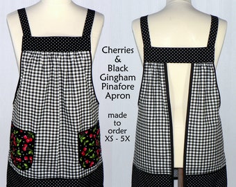 Cherries and Black Gingham Pinafore with no ties (XS to 5X) relaxed fit smock with pockets, retro farmhouse apron