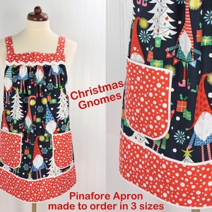 XS - 5X Plus Size Christmas Gnomes Pinafore with no ties (straps go straight over the shoulders) relaxed fit smock with pockets, handmade