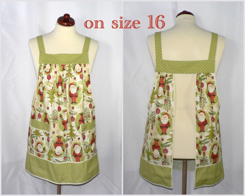 loose fitting smock apron with pockets Woodland Christmas Pinafore Apron with no ties non-traditional Santa and owls holiday baking apron