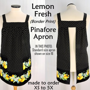 Lemon Fresh Border Print Pinafore Apron with no ties, relaxed fit smock apron made to order XS to 5X, spring & summer retro citrus apron image 3