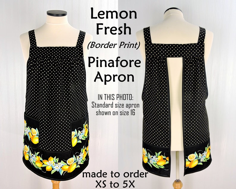 Lemon Fresh Border Print Pinafore Apron with no ties, relaxed fit smock apron made to order XS to 5X, spring & summer retro citrus apron image 3