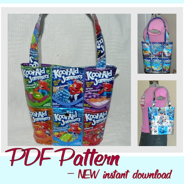 DIY Juice Pouch Bucket Bag instruction guide (PDF download) tutorial to make purses using your own recycled wrappers