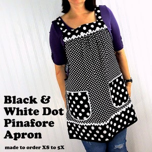 Black and White Dot Pinafore with no ties, relaxed fit smock with pockets, straps go straight over the shoulders, made to order XS - 5X
