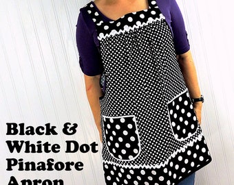 Black and White Dot Pinafore with no ties, relaxed fit smock with pockets, lovely hostess apron made to order XS - 5X