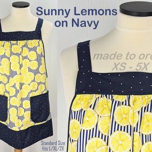 Sunny Lemons on Navy Pinafore Apron with no ties (straps go straight over the shoulders) relaxed fit smock apron with pockets, XS - 5X