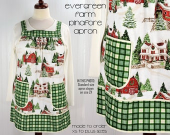 XS - 5X Evergreen Farm Pinafore with no ties, relaxed fit smock with pockets, Snowy Winter Scene Apron, handmade after order