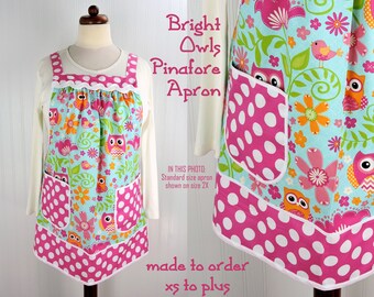 Bright Owls Pinafore Apron with no ties, Relaxed Fit Smock with pockets, made-to-order XS- Plus Size
