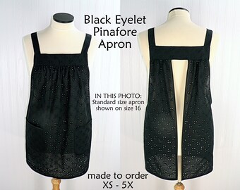 Black Eyelet Pinafore Apron with no ties, relaxed fit smock with pockets, XS - 5X made to order, lightweight and airy cover-up