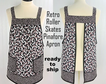SHIPS FAST Retro Roller Skates Pinafore Apron with no ties, relaxed fit smock with pockets, fun hostess apron ready to ship now