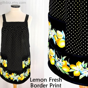 Lemon Fresh Border Print Pinafore Apron with no ties, relaxed fit smock apron made to order XS to 5X, spring & summer retro citrus apron image 1