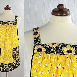 Charming Bees & Sunflowers Pinafore with no ties, relaxed fit smock with pockets, sunny yellow kitchen apron XS 5X image 1