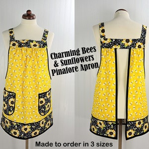 Charming Bees & Sunflowers Pinafore with no ties, relaxed fit smock with pockets, sunny yellow kitchen apron XS 5X image 3