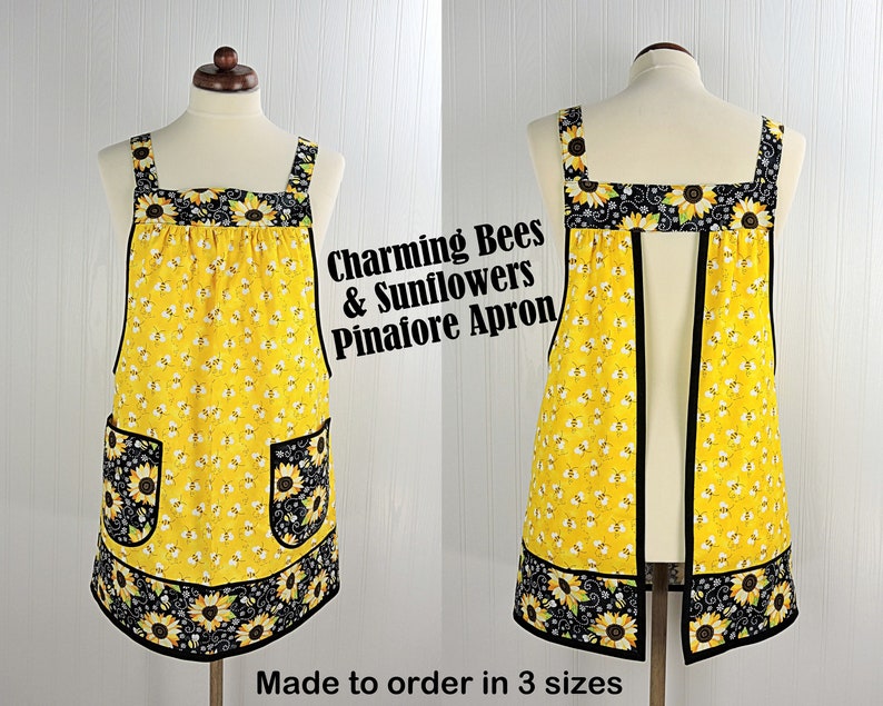 Charming Bees & Sunflowers Pinafore with no ties, relaxed fit smock with pockets, sunny yellow kitchen apron XS 5X image 3