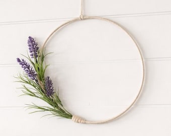 Lavender Hoop Wreath, Small Farmhouse Door Hanger, Minimalist Kitchen Wall Decor