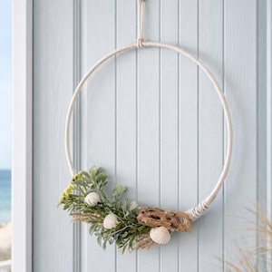 Coastal Wall Hanging Wreath 10 inches with Driftwood & Shells | Beach House Wall Decor