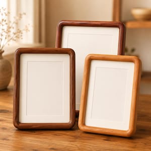 May include: Three rectangular wooden picture frames with rounded corners and smooth edges. The frames feature varying shades of brown wood grain, each containing a white mat board insert. The frames are arranged in a cluster on a wooden surface.